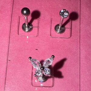 NWOT Stainless Steel and Crystal Stud Earrings Set Cartledge Piercing Flat Back